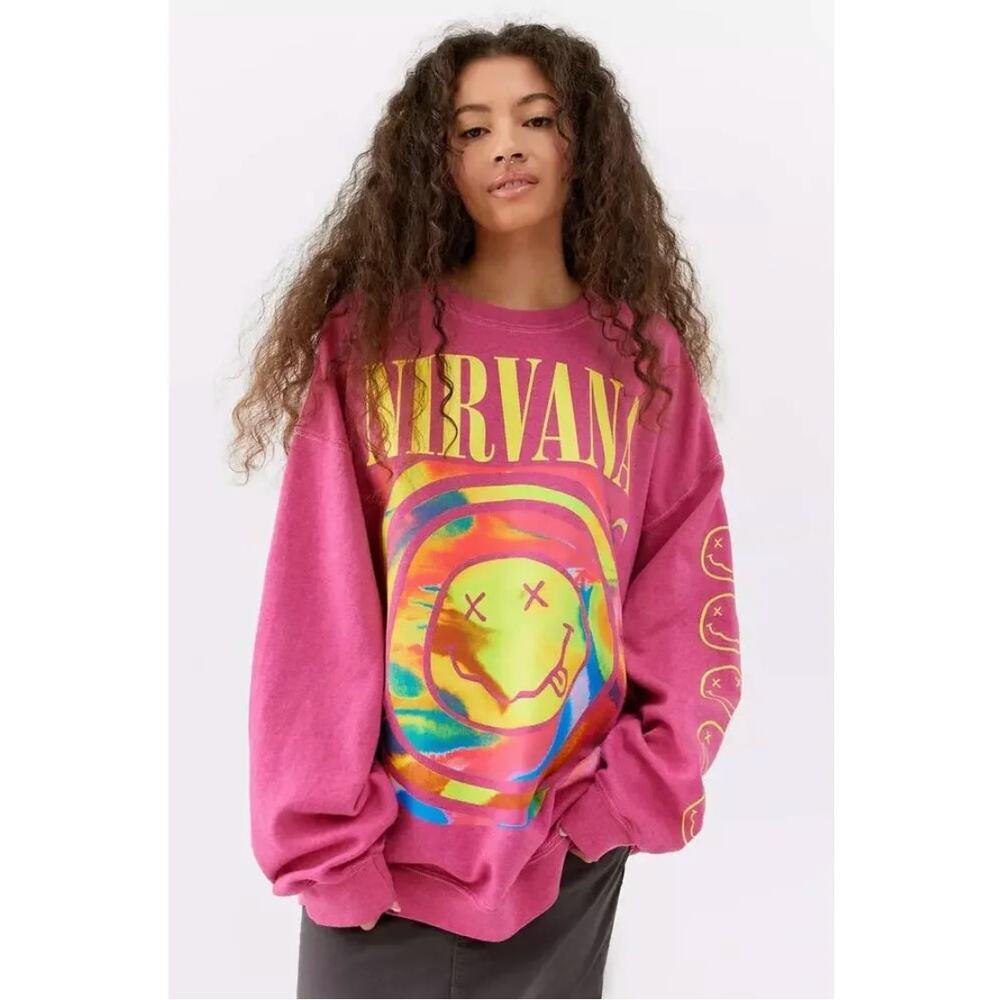 Urban Outfitters X Nirvana Oversized Sweatshirt Spiral Smile Face Pink sz. L/XL